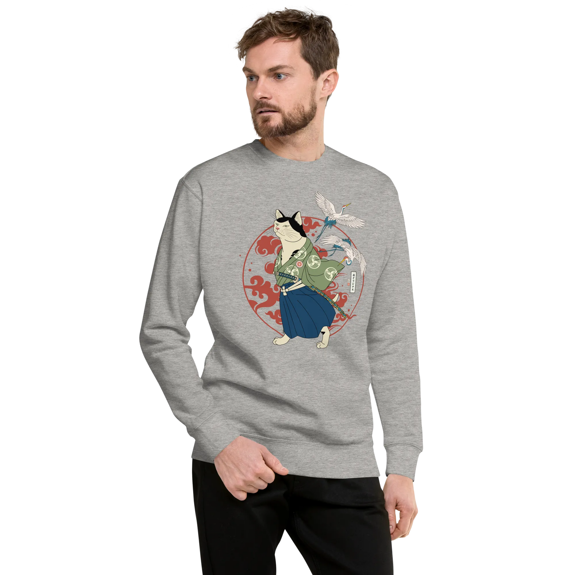 Cat Samurai Funny Ukiyo-e Japanese Unisex Premium Sweatshirt 4 - Carbon Grey / S