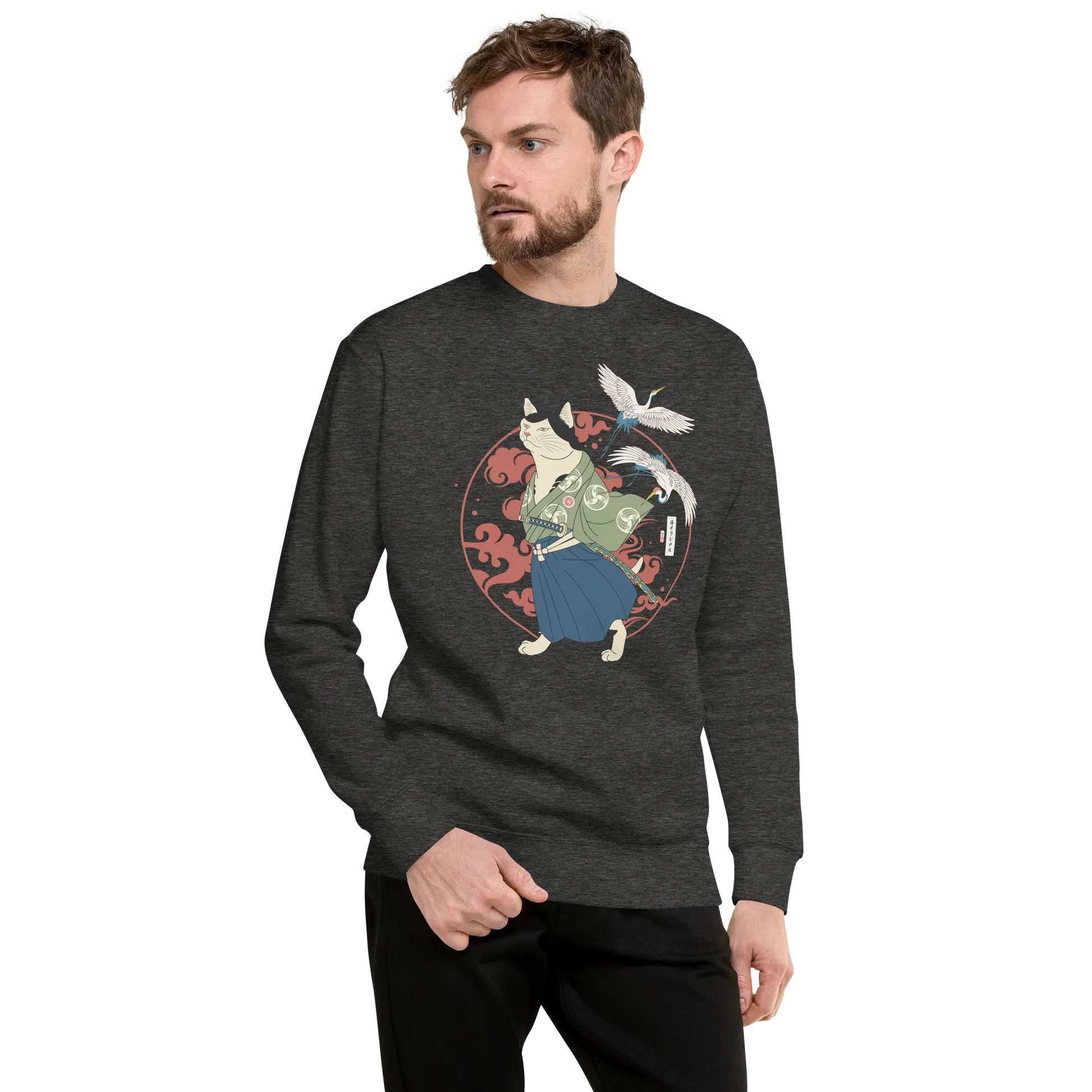 Cat Samurai Funny Ukiyo-e Japanese Unisex Premium Sweatshirt 4 - Charcoal Heather / S