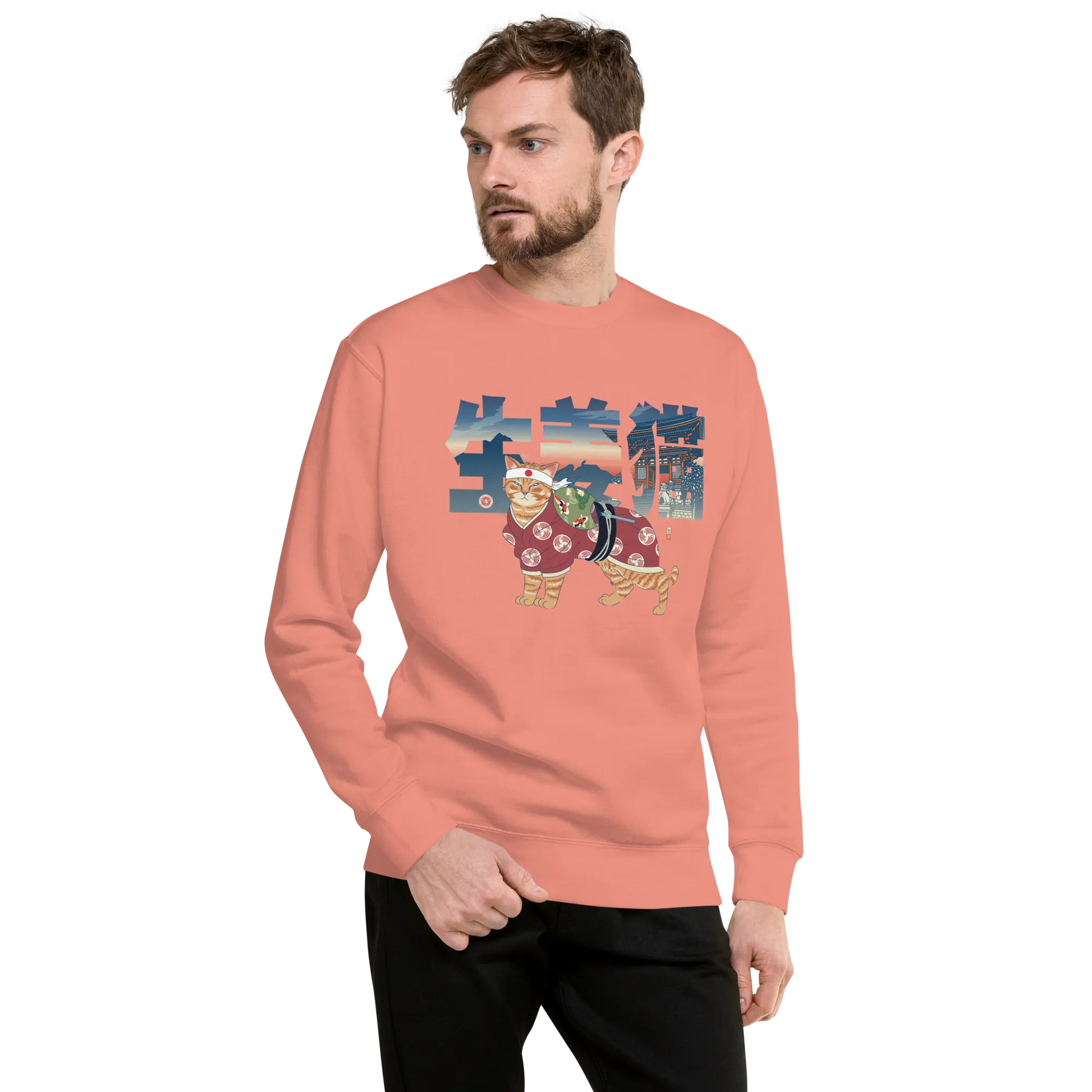 Ginger Cat Funny Japanese Ukiyo-e Unisex Premium Sweatshirt - Dusty Rose / S