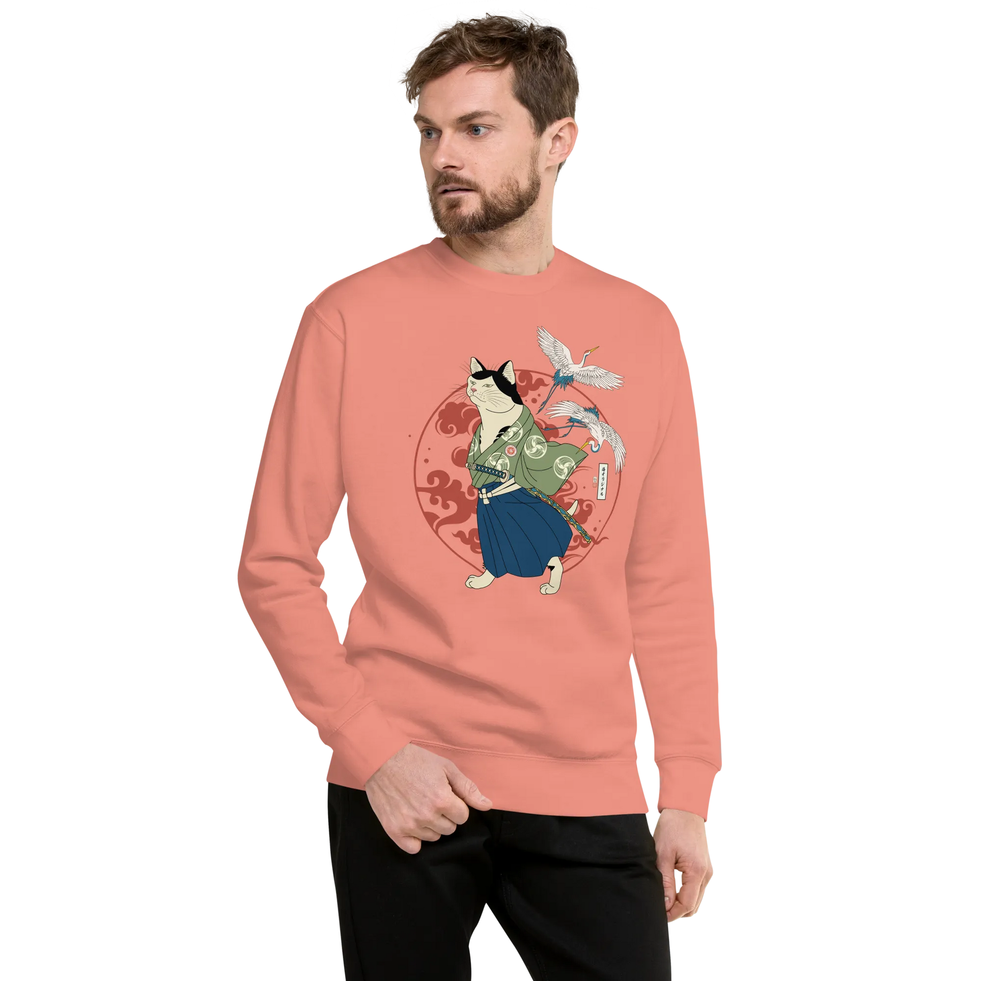 Cat Samurai Funny Ukiyo-e Japanese Unisex Premium Sweatshirt 4 - Dusty Rose / S