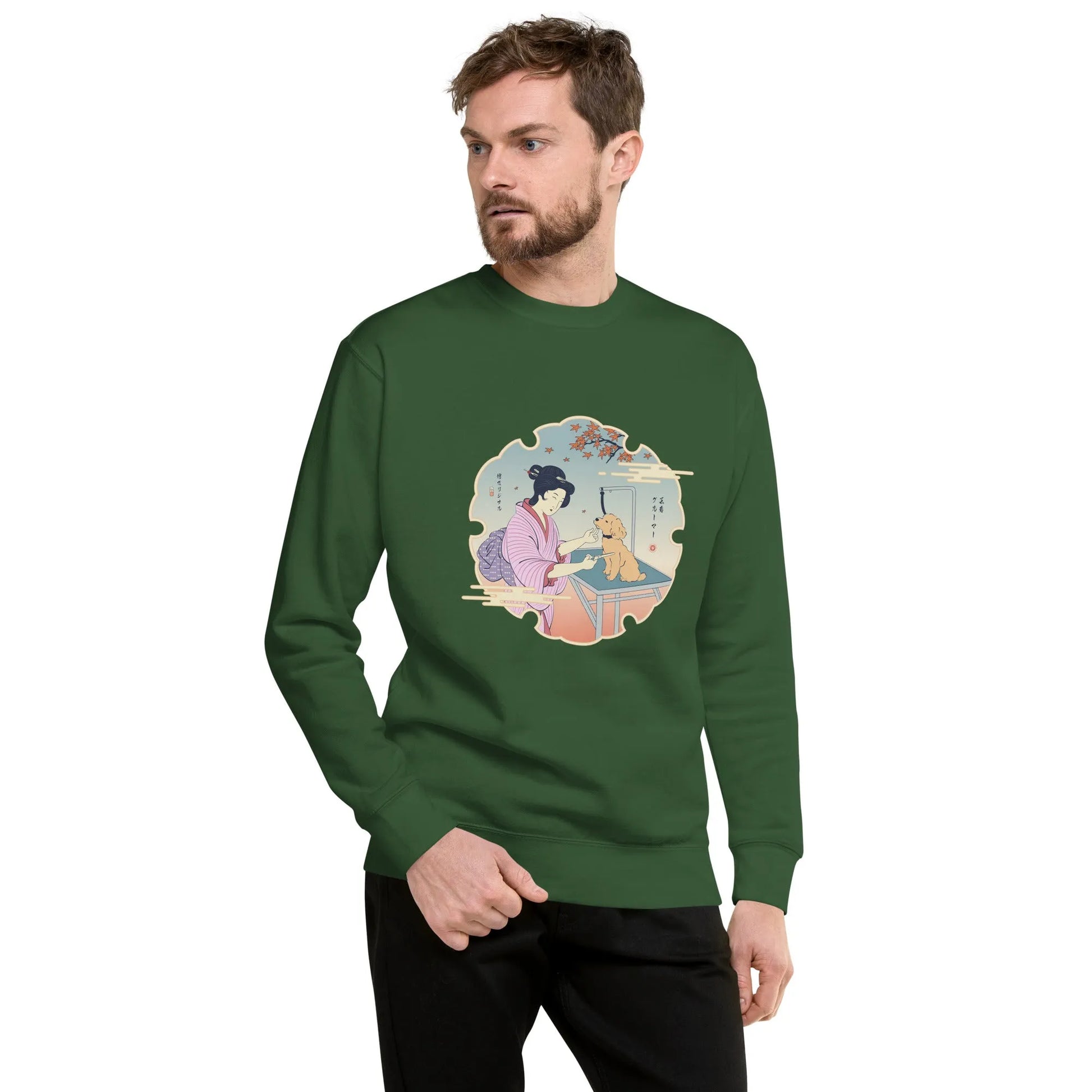 Geisha Groomer Japanese Ukiyo-e Unisex Premium Sweatshirt - Forest Green / S