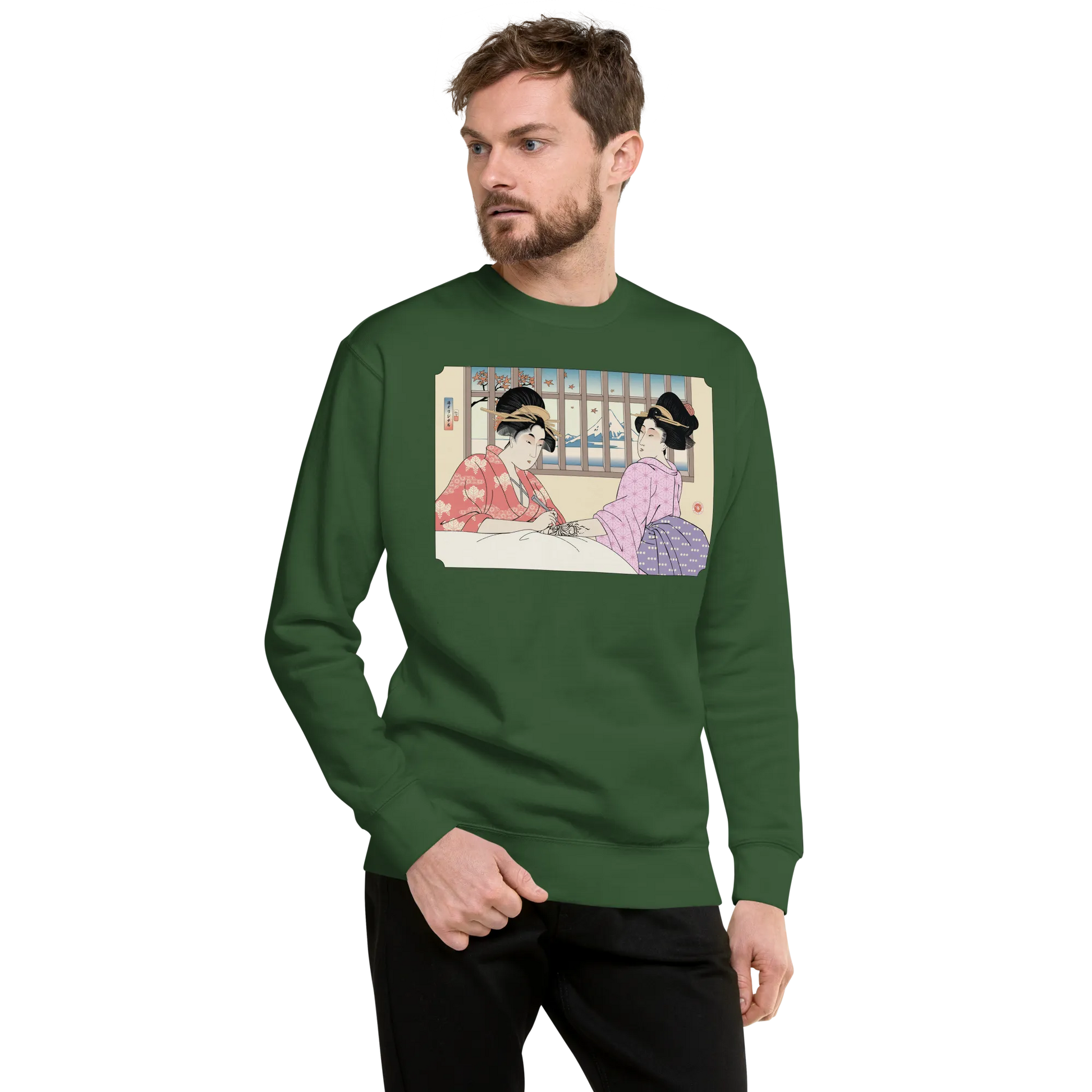 Geisha Henna Artist Japanese Ukiyo-e Unisex Premium Sweatshirt - Forest Green / S