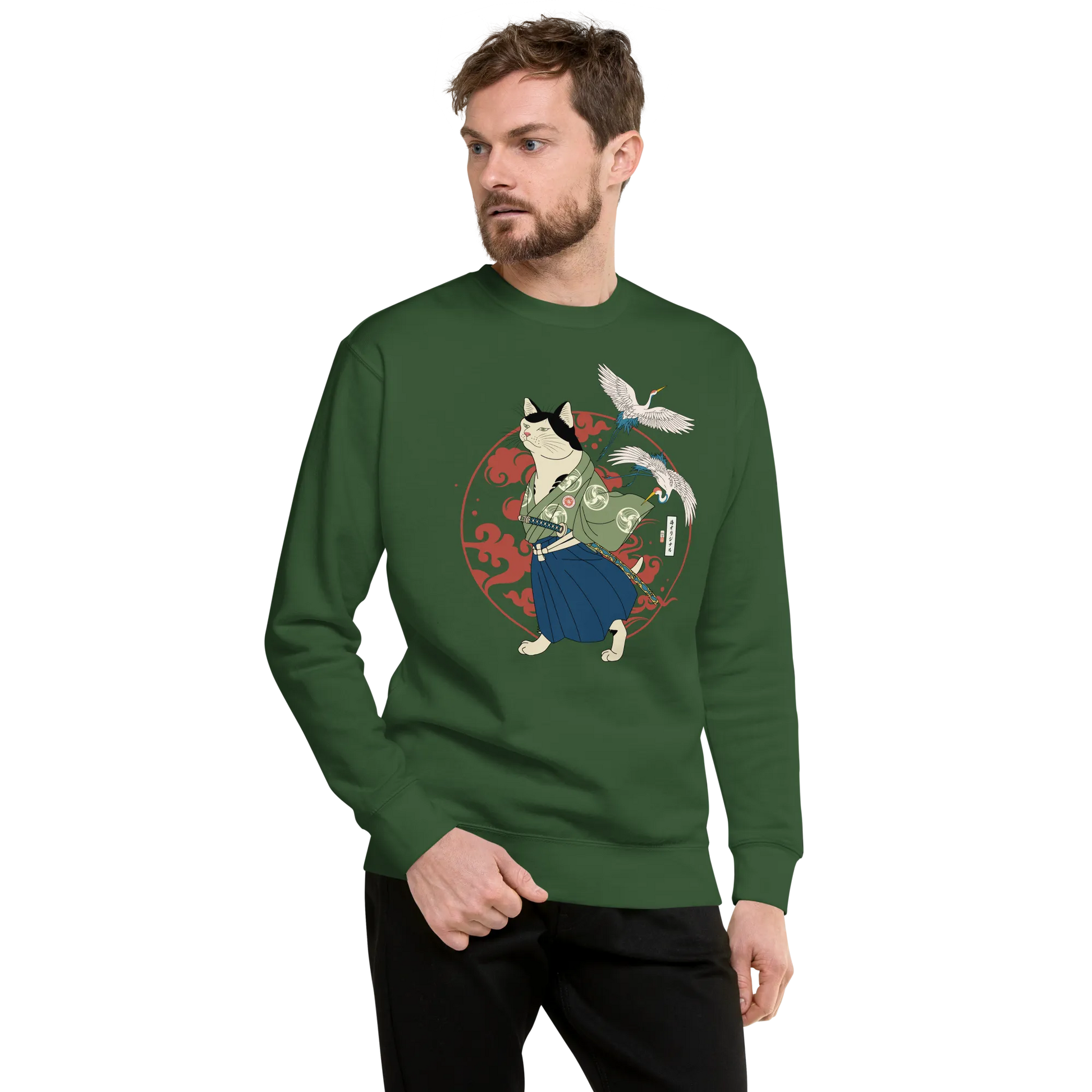 Cat Samurai Funny Ukiyo-e Japanese Unisex Premium Sweatshirt 4 - Forest Green / S