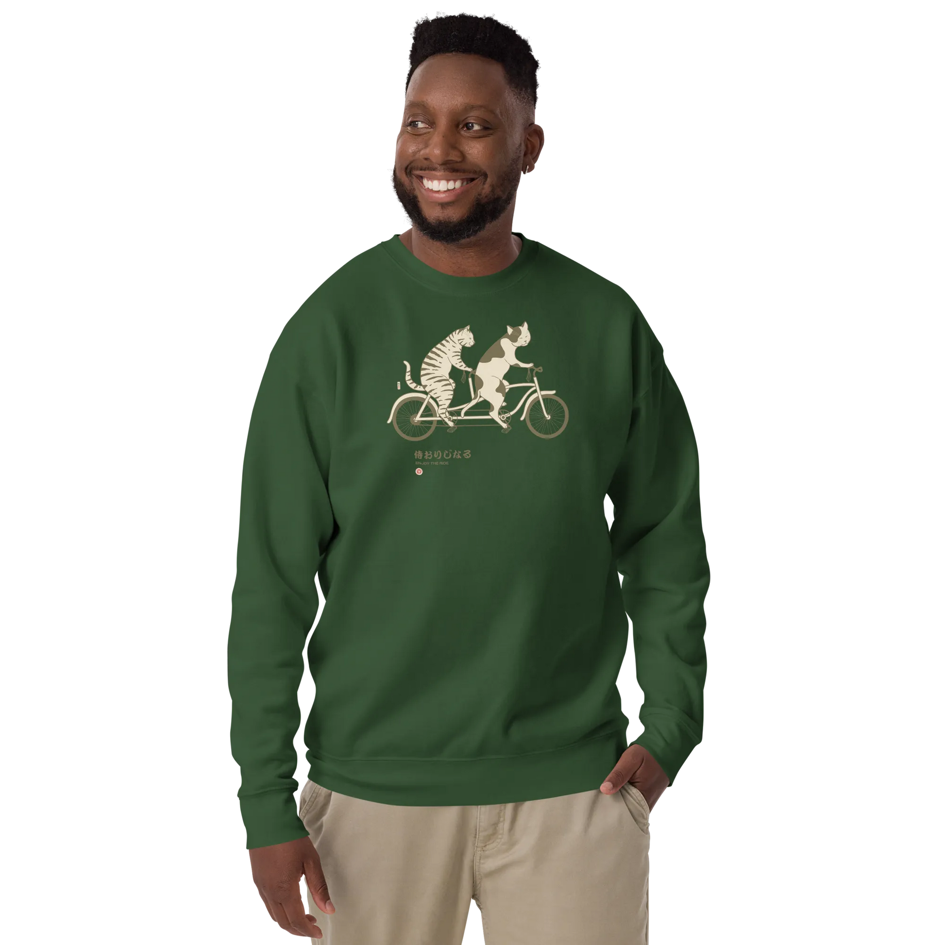 Cat Ride Funny Japanese Ukiyo-e Unisex Premium Sweatshirt - Forest Green / S