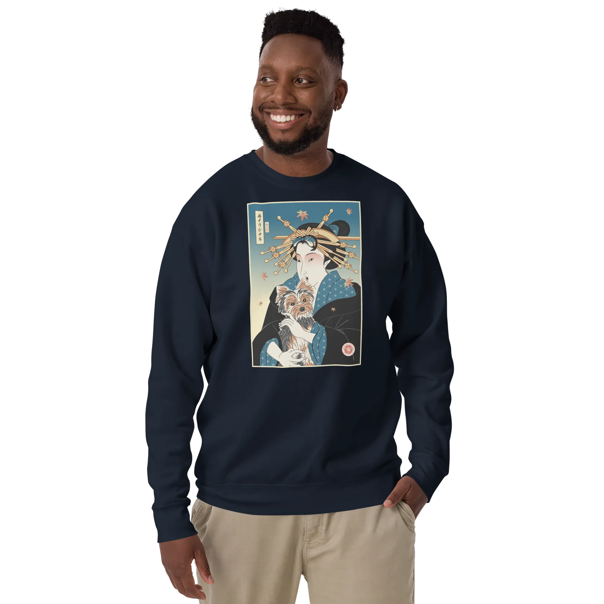 Geisha and Yorkshire Dog Japanese Ukiyo-e Unisex Premium Sweatshirt - Navy Blazer / S