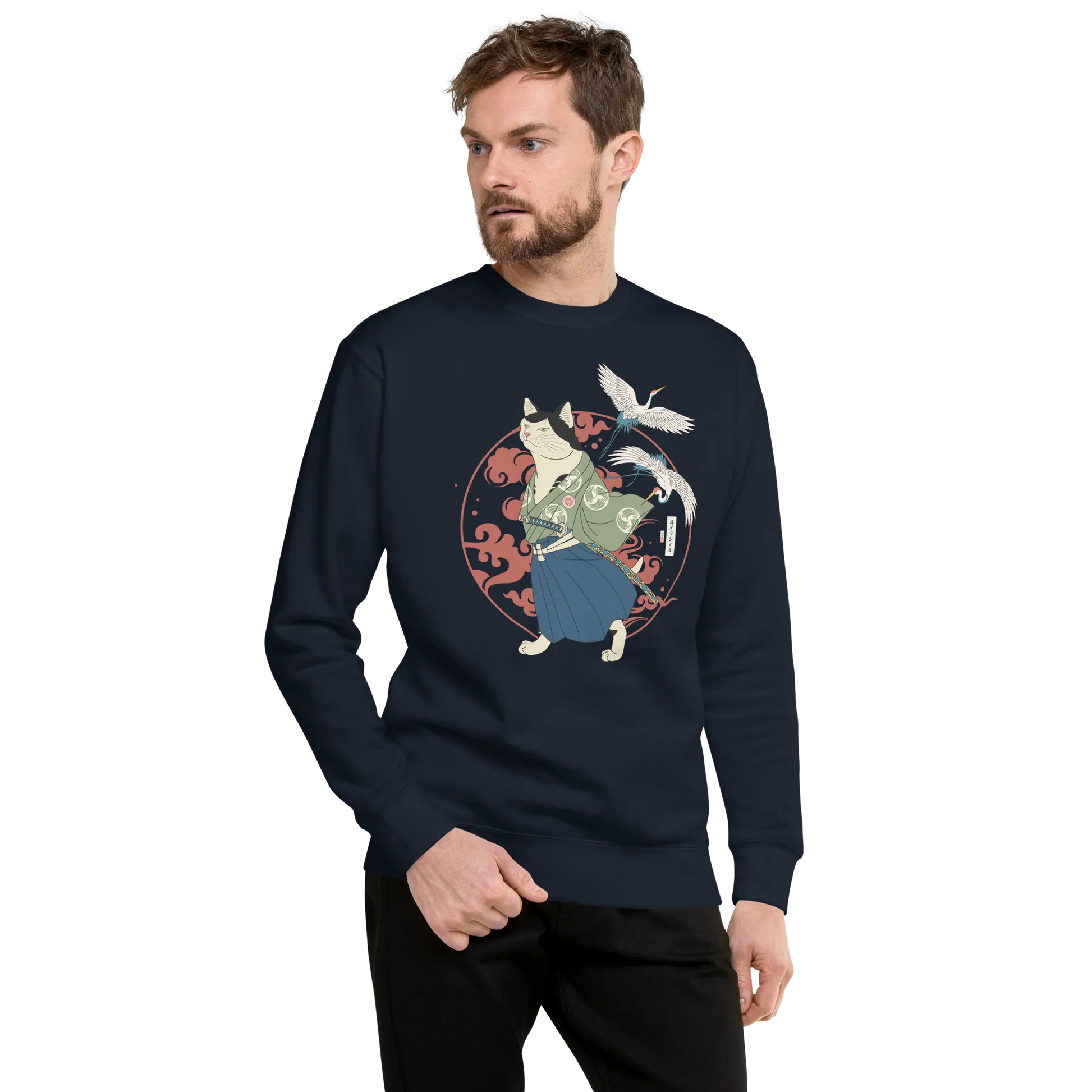 Cat Samurai Funny Ukiyo-e Japanese Unisex Premium Sweatshirt 4 - Navy Blazer / S