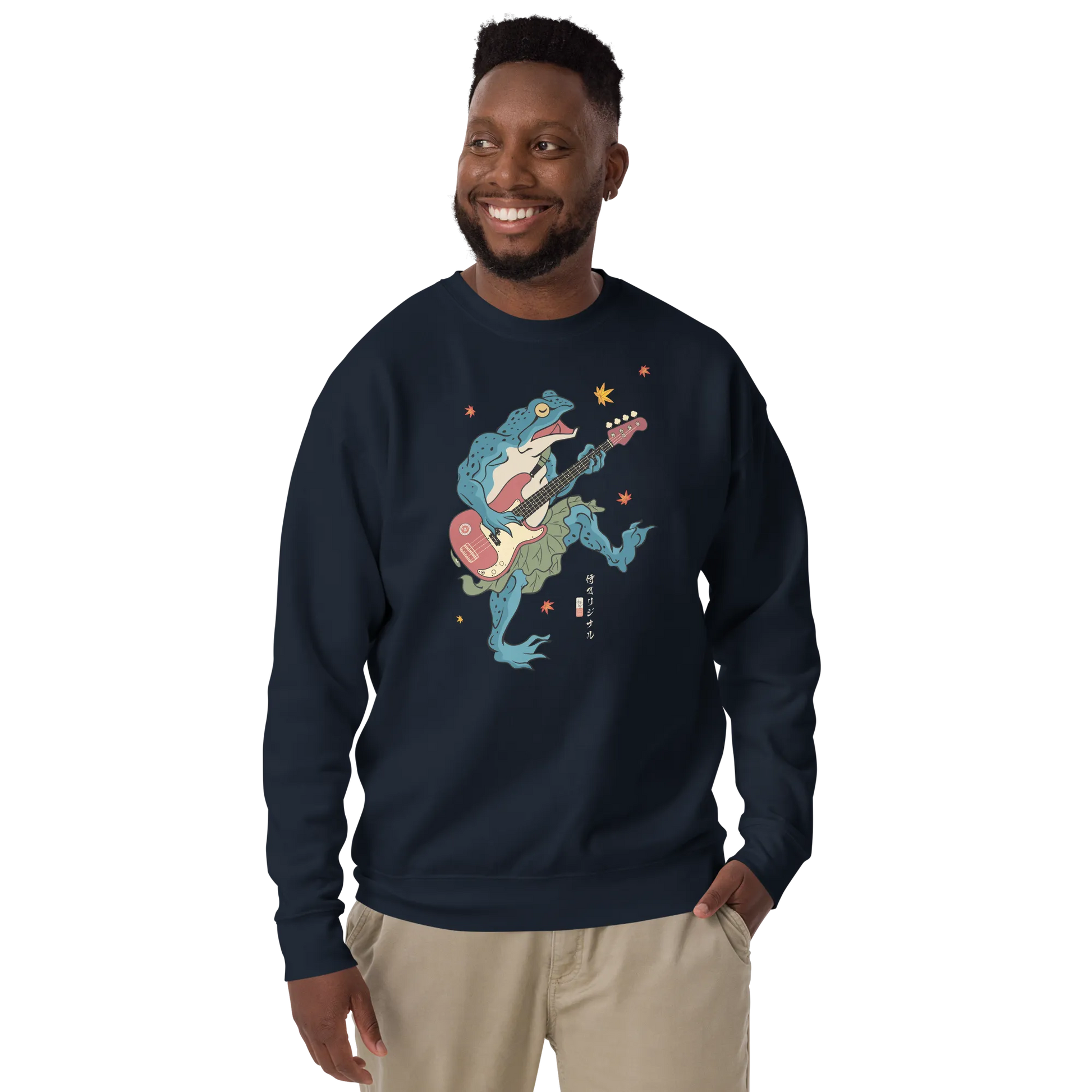 Frog Guitar Bass Funny Japanese Ukiyo-e Unisex Premium Sweatshirt - Navy Blazer / S