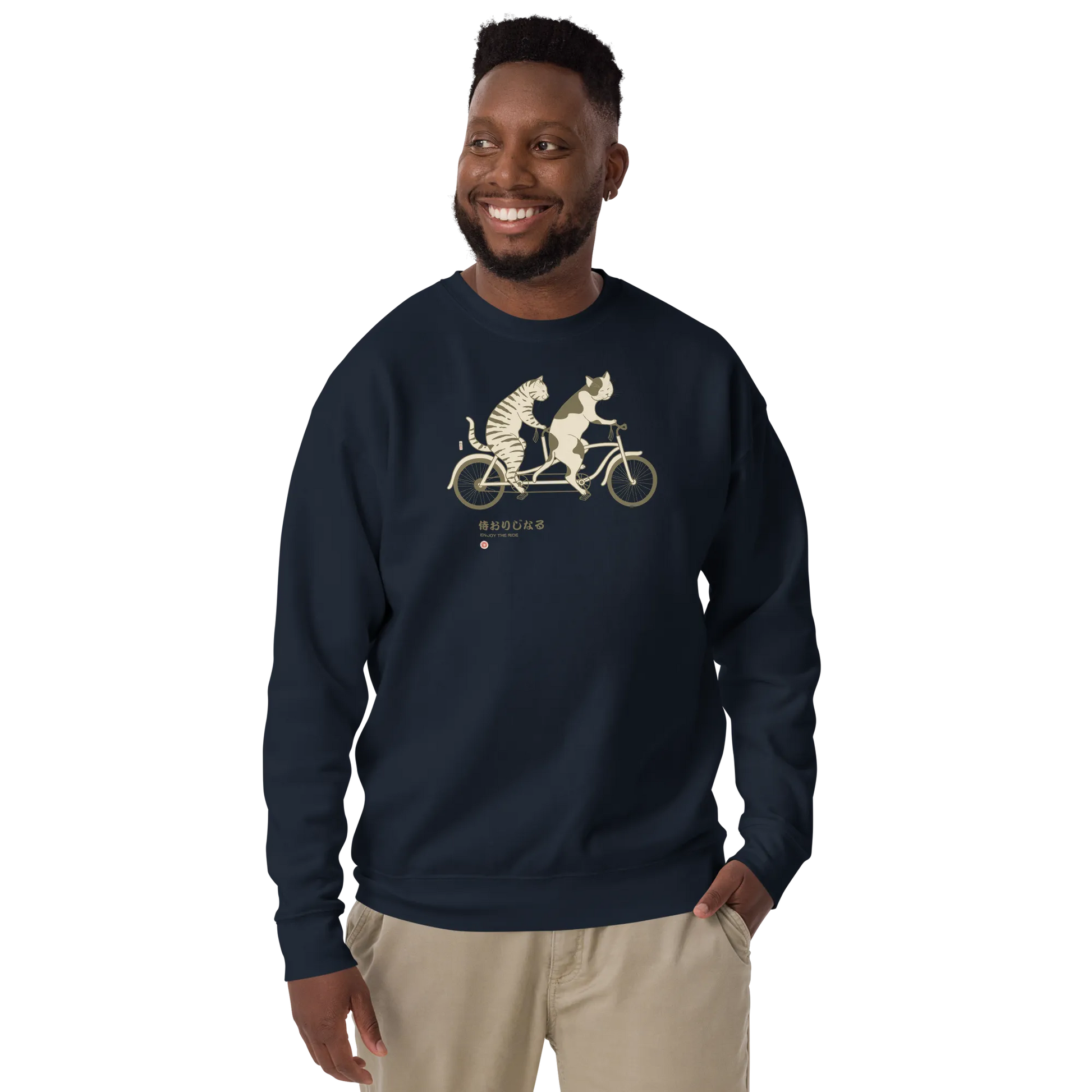 Cat Ride Funny Japanese Ukiyo-e Unisex Premium Sweatshirt - Navy Blazer / S