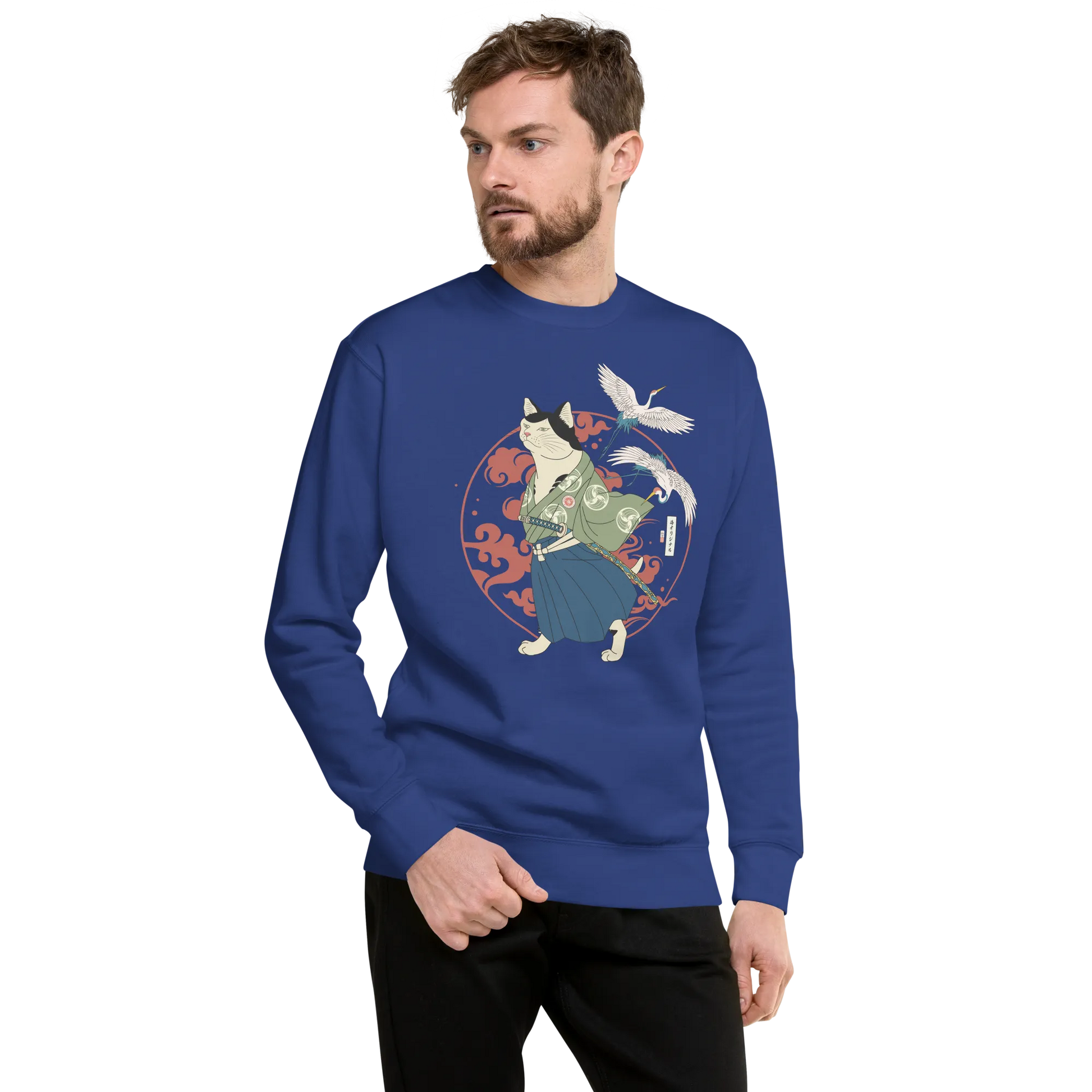 Cat Samurai Funny Ukiyo-e Japanese Unisex Premium Sweatshirt 4 - Team Royal / S