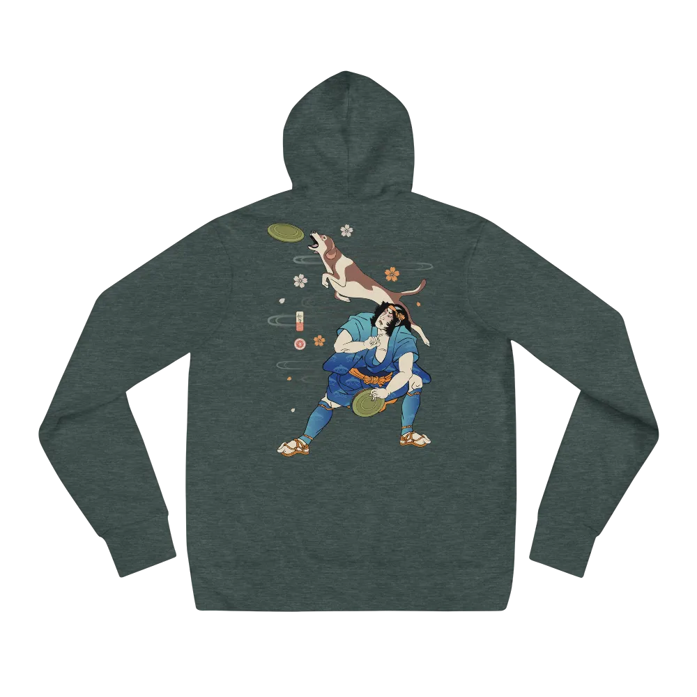 Disc Dog Samurai Japanese Ukiyo-e Unisex Hoodie - Heather Forest / S