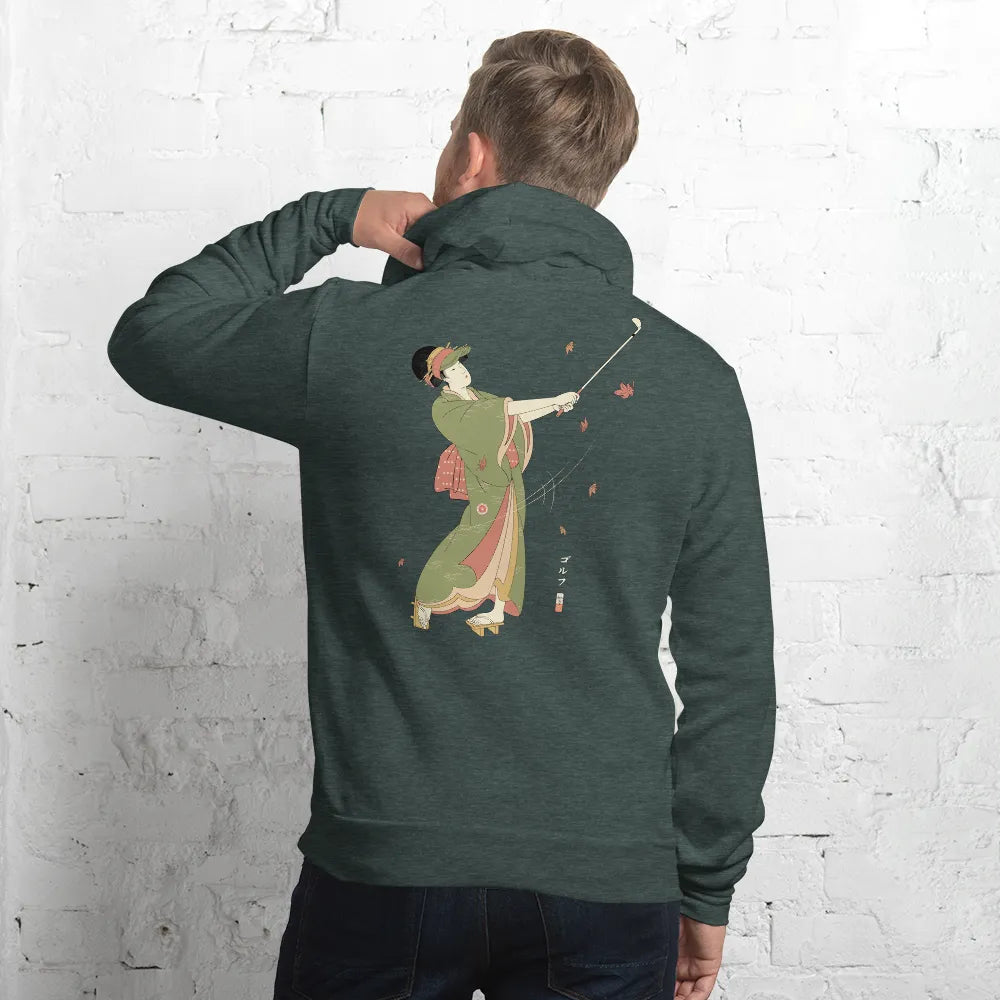 Geisha Golf Player Japanese Ukiyo-e Unisex Hoodie - Heather Forest / S