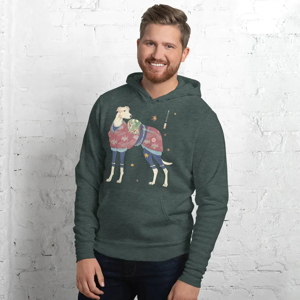 Greyhound Dog Funny Japanese Ukiyo-e Unisex Hoodie - Heather Forest / S