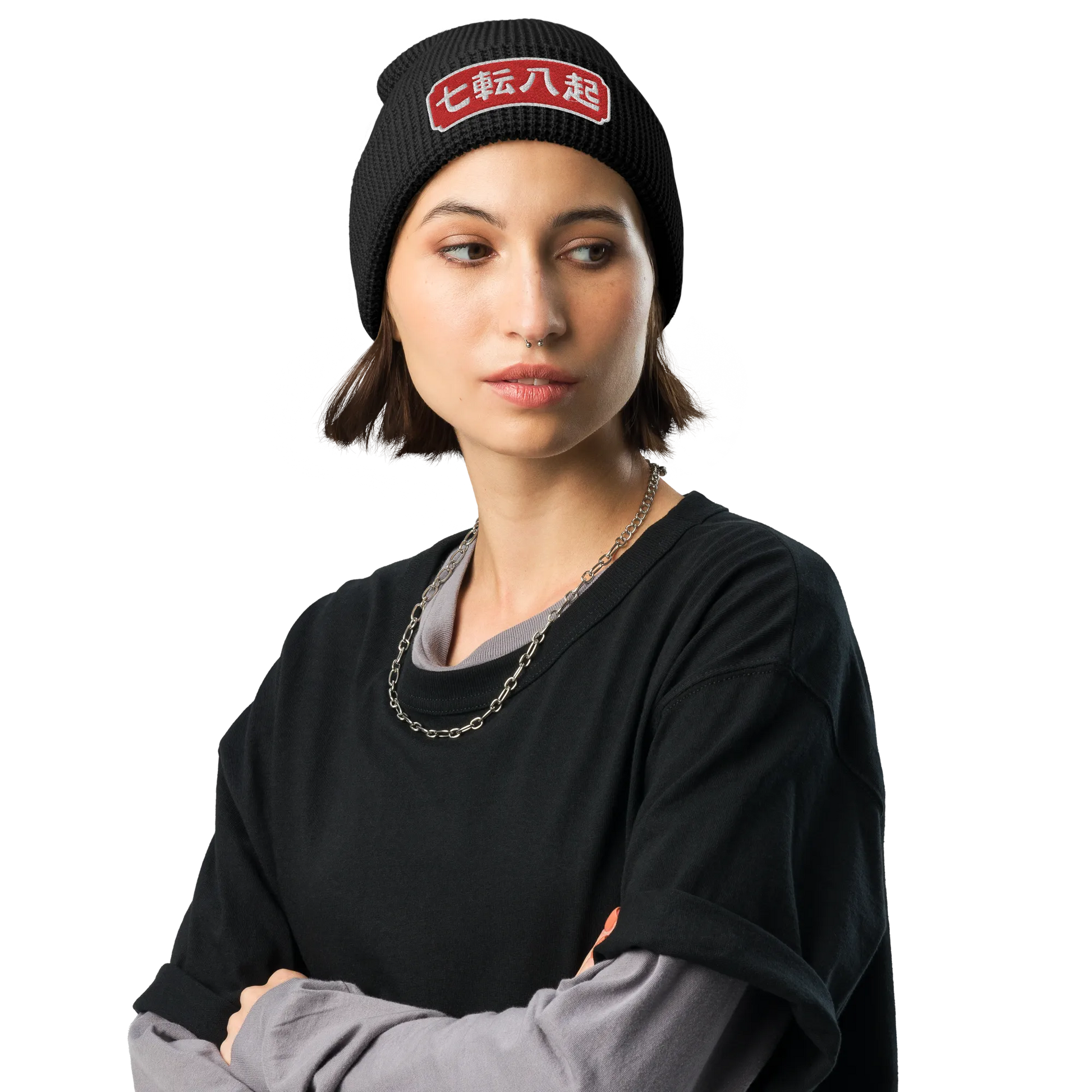 Fall Down Seven Times Stand Up Eight Motivational Quote Japanese Embroidered Waffle Beanie -