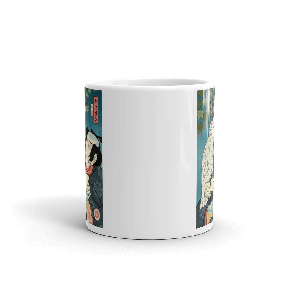 Samurai & Cockatoo Parrot Funny Japanese Ukiyo-e White Glossy Mug - Samurai Original