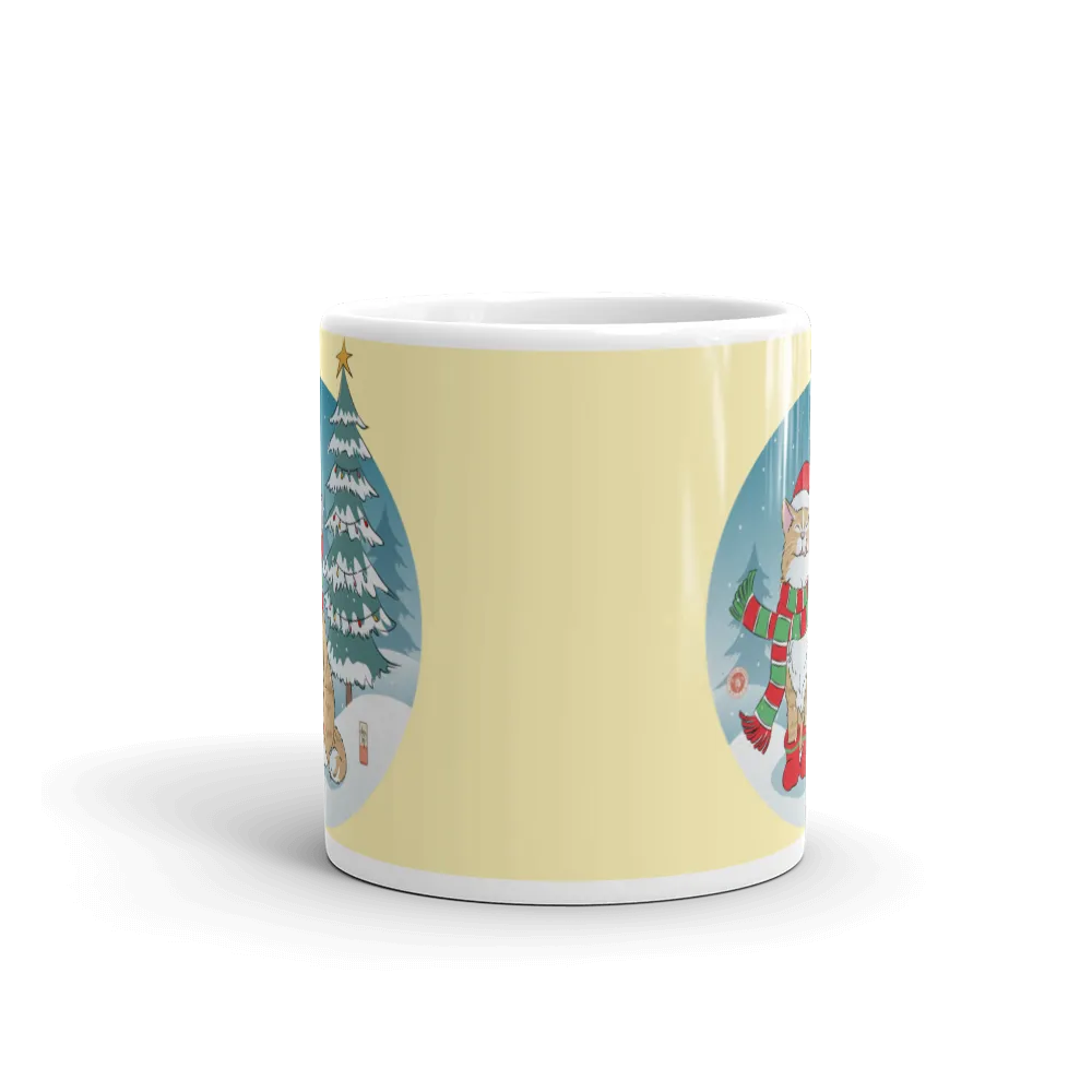 Cat Merry Christmas Japanese Ukiyo-e White Glossy Mug -