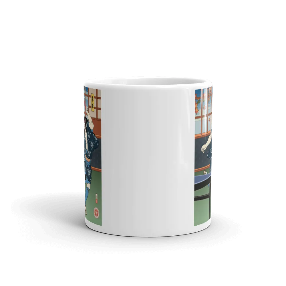 Samurai Table Tennis Ping Pong Ukiyo-e White Glossy Mug - Samurai Original