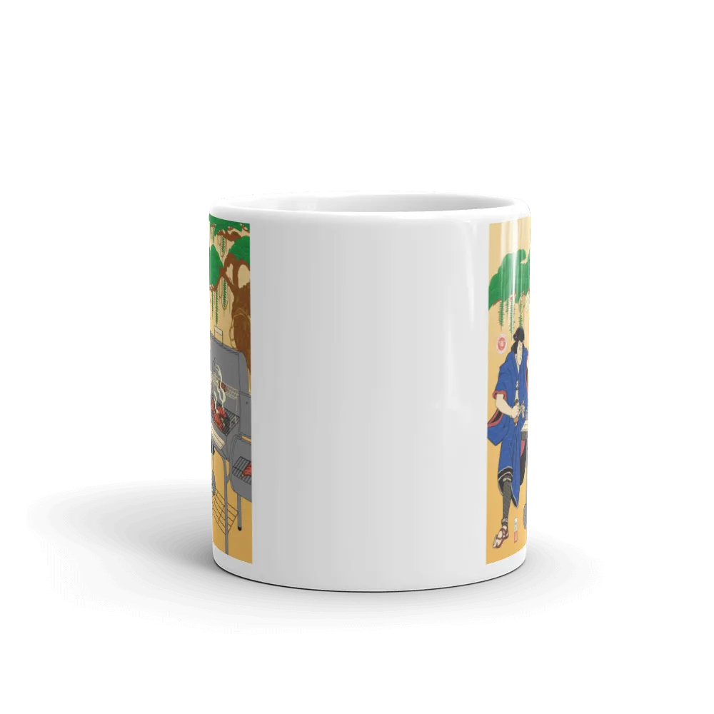 Samurai BBQ Barbecue Ukiyo-e White Glossy Mug -