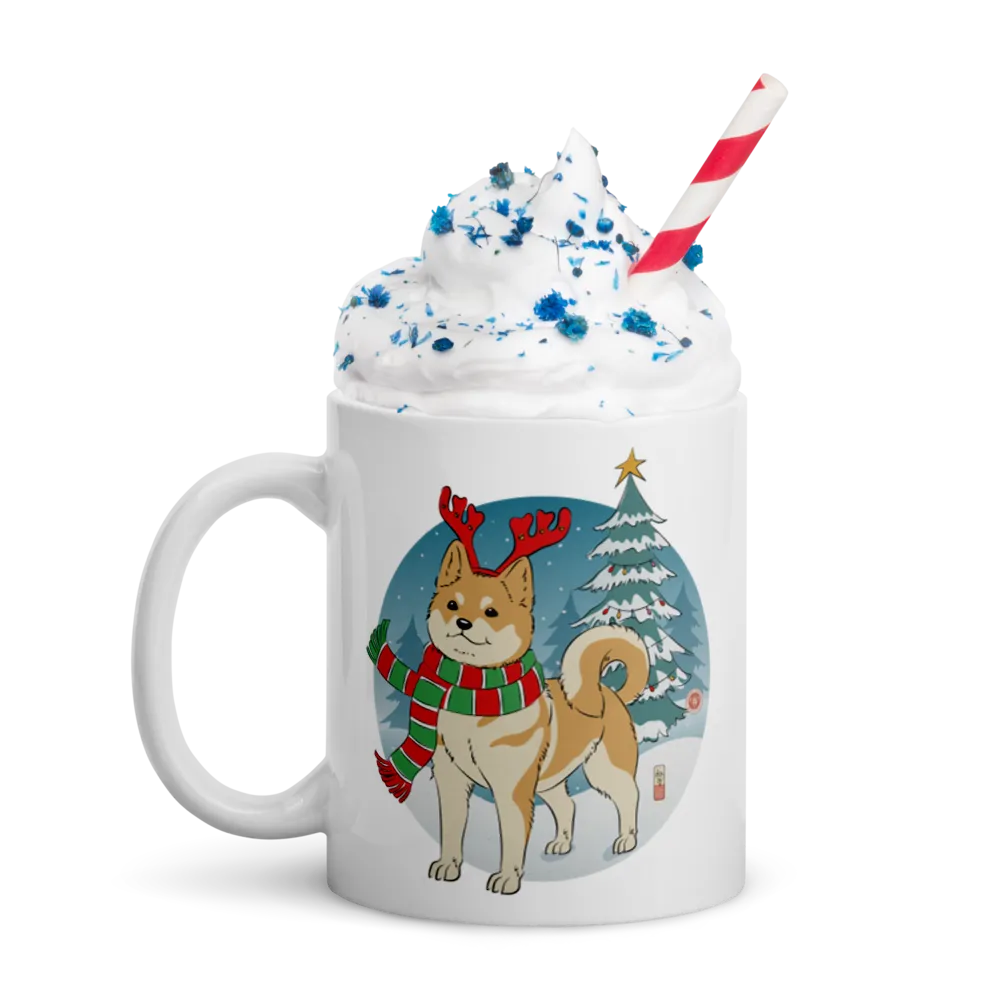 Dog Shiba Funny Christmas Japanese Ukiyo-e White Glossy Mug - Default Title