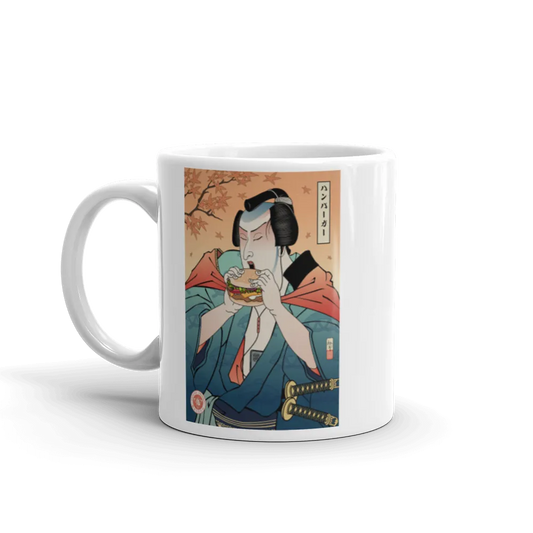 Samurai & Burger Fast Food Japanese Ukiyo-e White Glossy Mug - Samurai Original