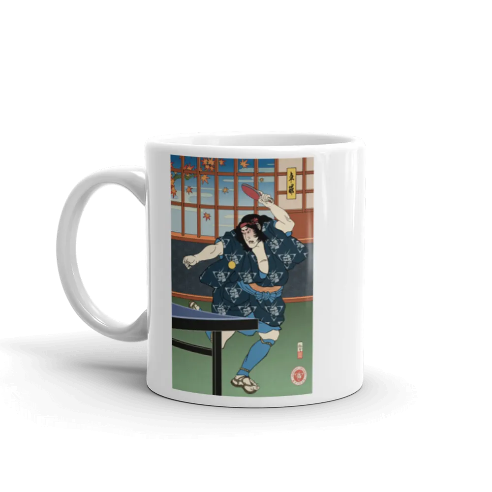 Samurai Table Tennis Ping Pong Ukiyo-e White Glossy Mug - Samurai Original