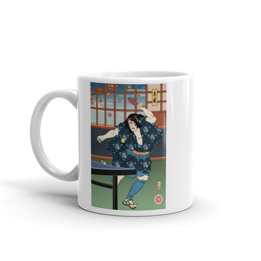 Samurai Table Tennis Ping Pong Ukiyo-e White Glossy Mug - Samurai Original