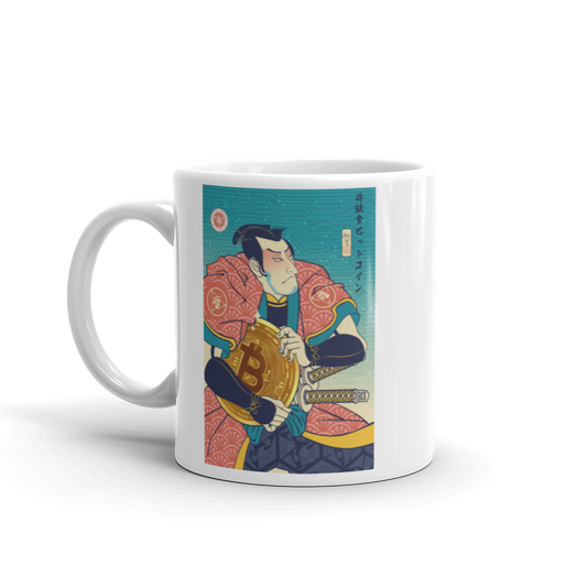 Samurai Bitcoin Mining Ukiyo-e White Glossy Mug -