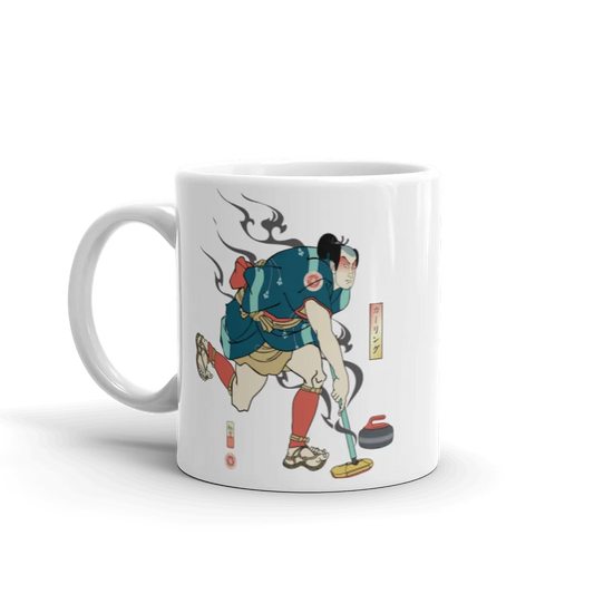 Samurai Play Curling Ukiyo-e White Glossy Mug