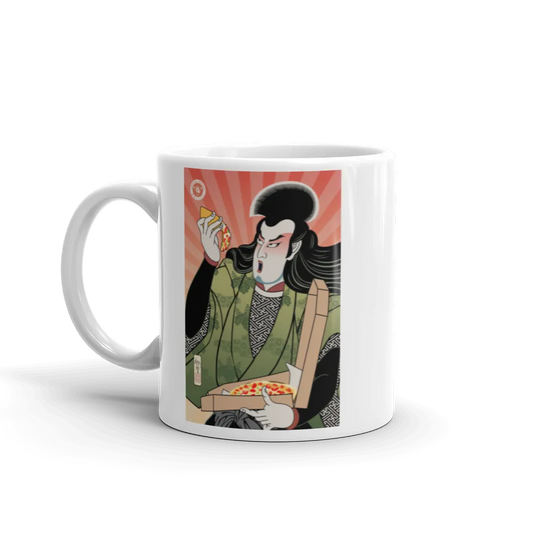 Samurai & Pizza Fast Food Japanese Ukiyo-e White Glossy Mug - Samurai Original