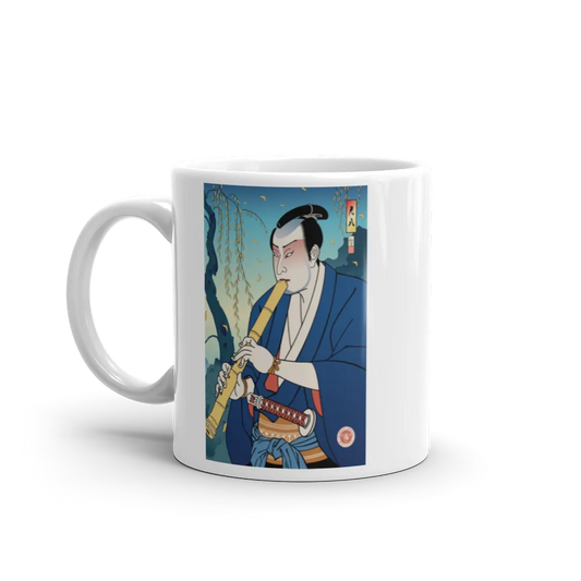 Samurai Play Shakuhachi Bamboo Flute Ukiyo-e White Glossy Mug