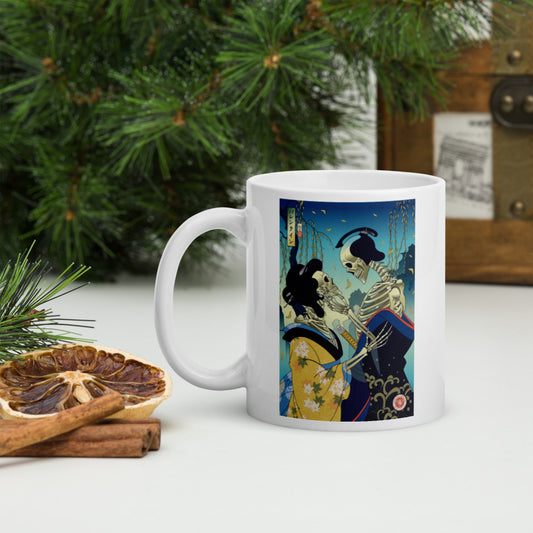 Skeleton Samurai & Geisha Gift For Valentine White Glossy Mug