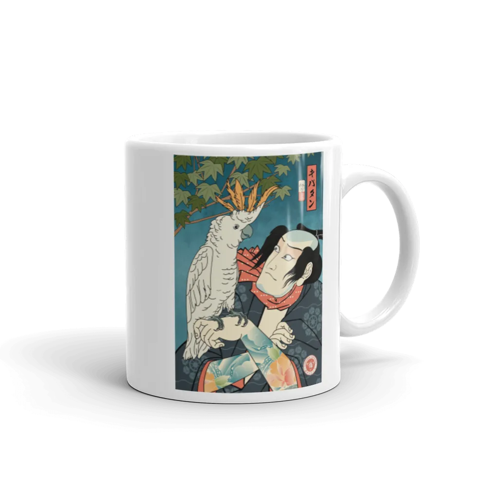 Samurai & Cockatoo Parrot Funny Japanese Ukiyo-e White Glossy Mug - Samurai Original