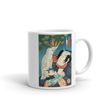 Samurai & Cockatoo Parrot Funny Japanese Ukiyo-e White Glossy Mug - Samurai Original