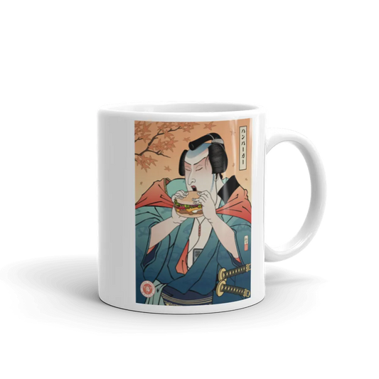 Samurai & Burger Fast Food Japanese Ukiyo-e White Glossy Mug - Samurai Original