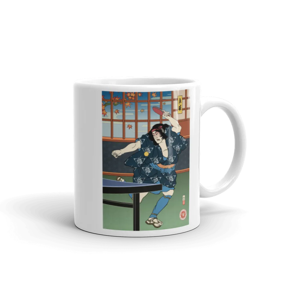 Samurai Table Tennis Ping Pong Ukiyo-e White Glossy Mug - Samurai Original