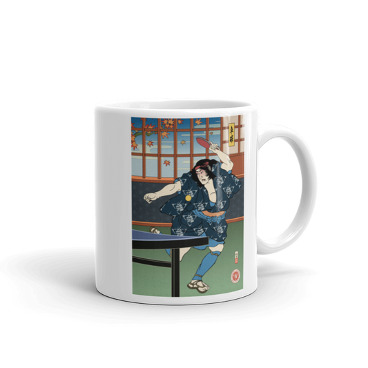 Samurai Table Tennis Ping Pong Ukiyo-e White Glossy Mug - Samurai Original