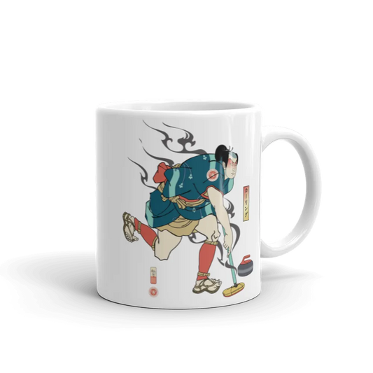 Samurai Play Curling Ukiyo-e White Glossy Mug